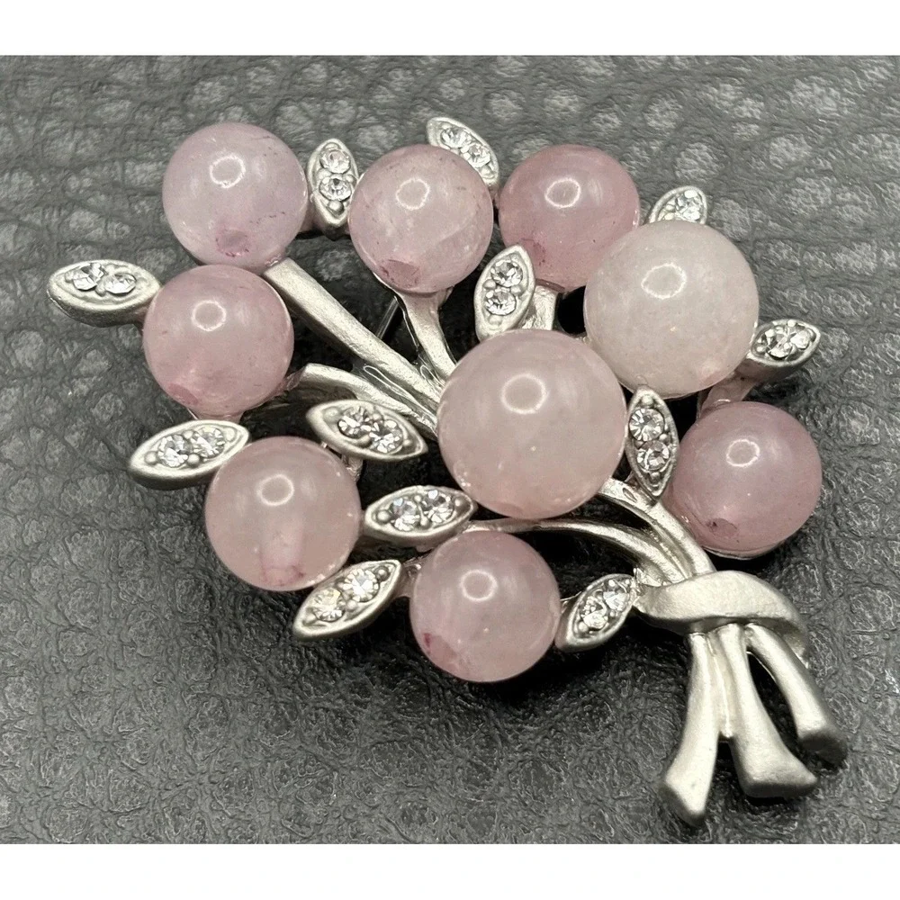 Vintage Style Pink Glass Cluster Rhinestone Brooch Pin Silver Tone